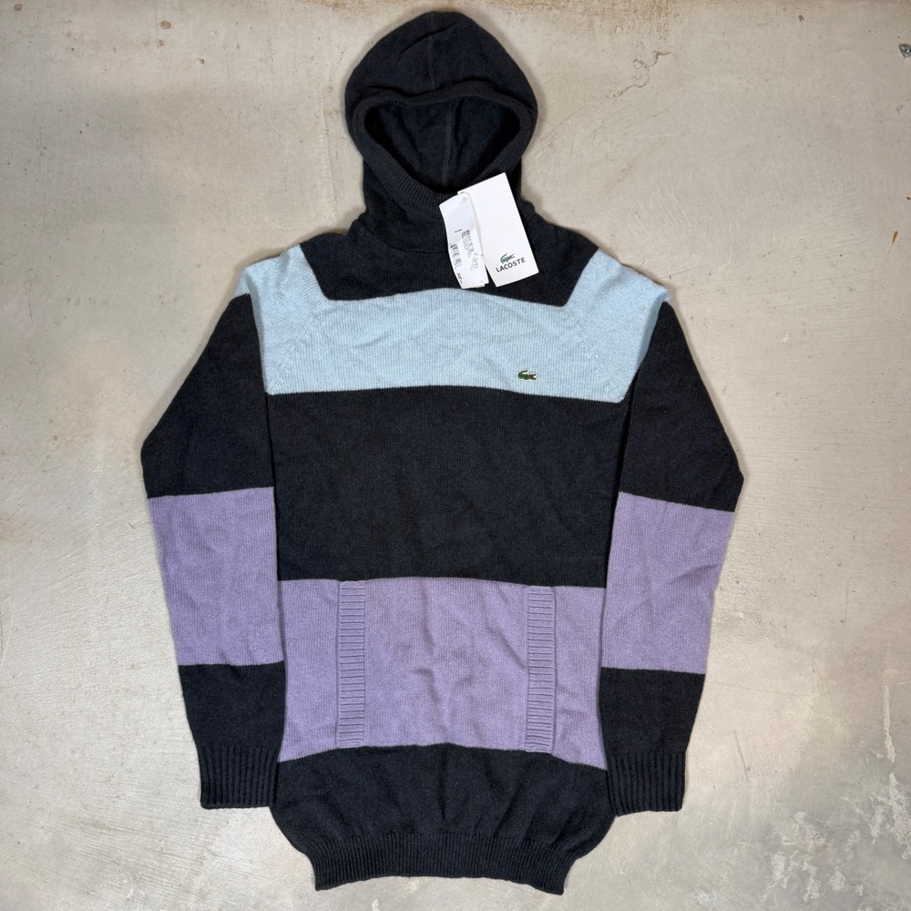 NWT Lacoste Men Striped Knit Hoodie Sweater Wool Cashmere Striped France Size 36